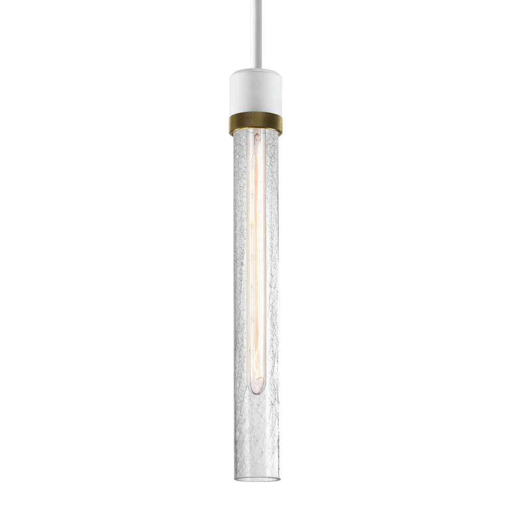 3&#34; E26 Cylindrical Pendant Light, 18&#34; Crackled Glass and Matte White with Brass Finish