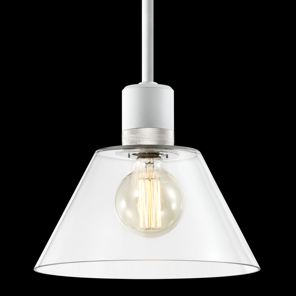 12&#34; E26 Clear Cone Glass Pendant Light and Matte White with Nickel Metal Finish