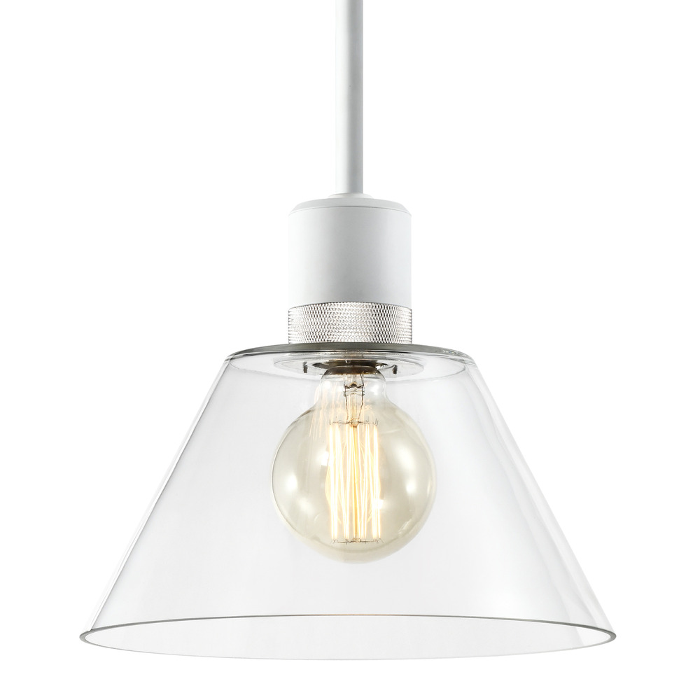 12&#34; E26 Clear Cone Glass Pendant Light and Matte White with Nickel Metal Finish