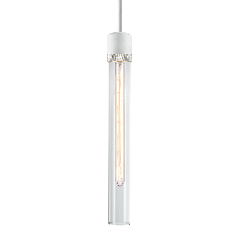 3&#34; E26 Cylindrical Pendant Light, 18&#34; Clear Glass and Matte White with Nickel Finish