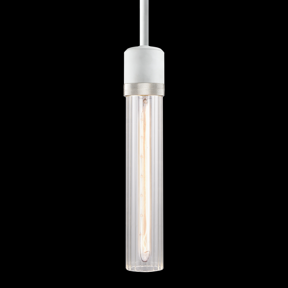 3&#34; E26 Cylindrical Pendant Light, 12&#34; Fluted Glass and Matte White with Nickel Finish