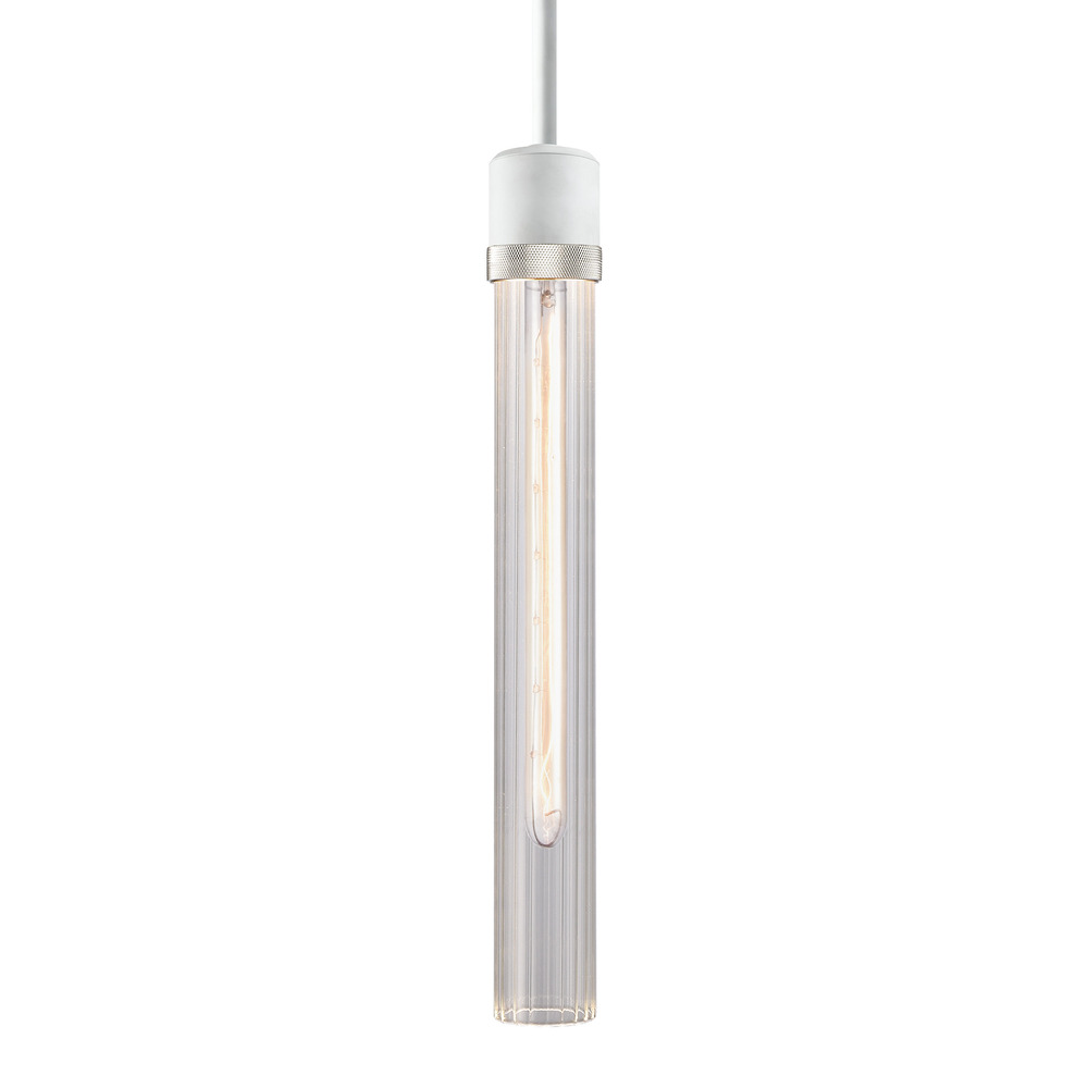 3&#34; E26 Cylindrical Pendant Light, 18&#34; Fluted Glass and Matte White with Nickel Finish