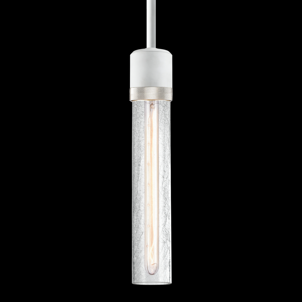 3&#34; E26 Cylindrical Pendant Light, 12&#34; Crackled Glass and Matte White with Nickel Finish