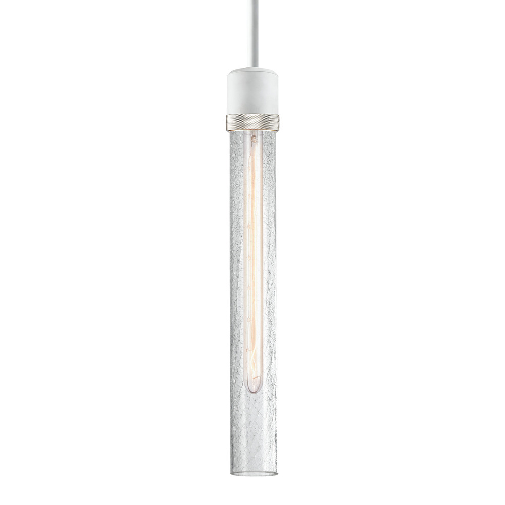 3&#34; E26 Cylindrical Pendant Light, 18&#34; Crackled Glass and Matte White with Nickel Finish