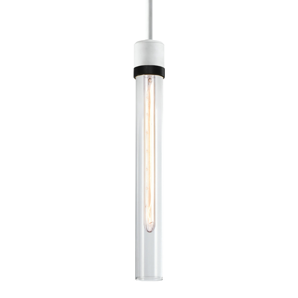 3&#34; E26 Cylindrical Pendant Light, 18&#34; Clear Glass and Matte White with Black Finish