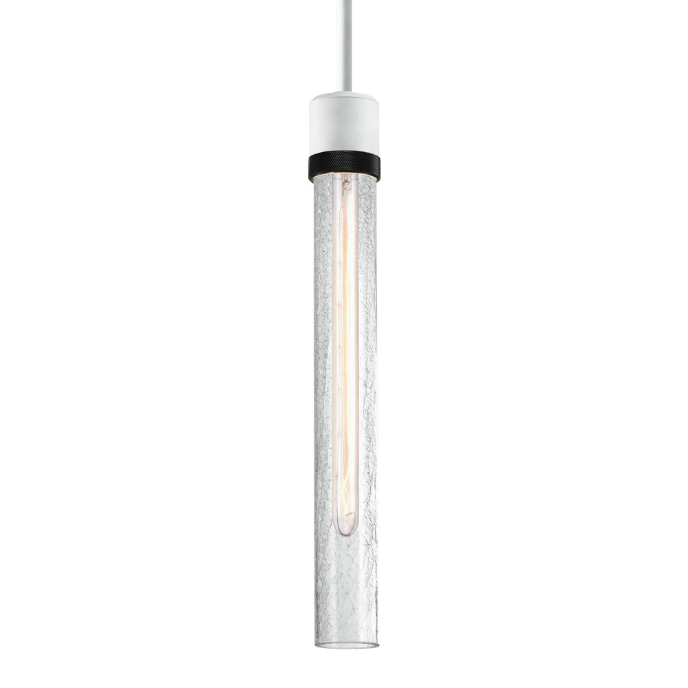 3&#34; E26 Cylindrical Pendant Light, 18&#34; Crackled Glass and Matte White with Black Finish