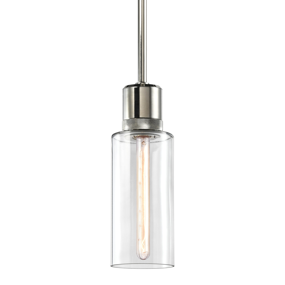 6&#34; E26 Cylindrical Drum Pendant Light, 12&#34; Clear Glass and Polished Nickel Metal Finish