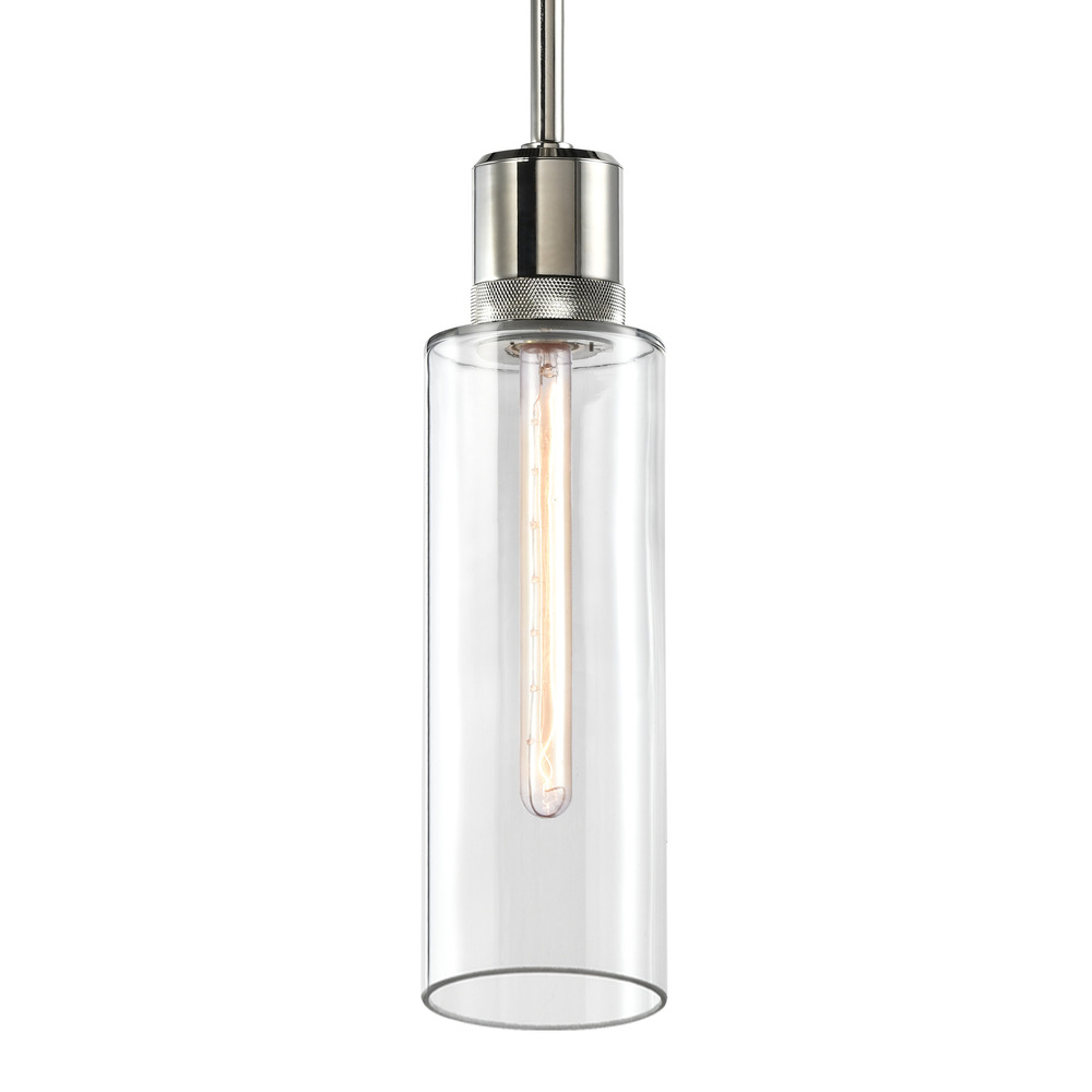 6&#34; E26 Cylindrical Drum Pendant Light, 18&#34; Clear Glass and Polished Nickel Metal Finish