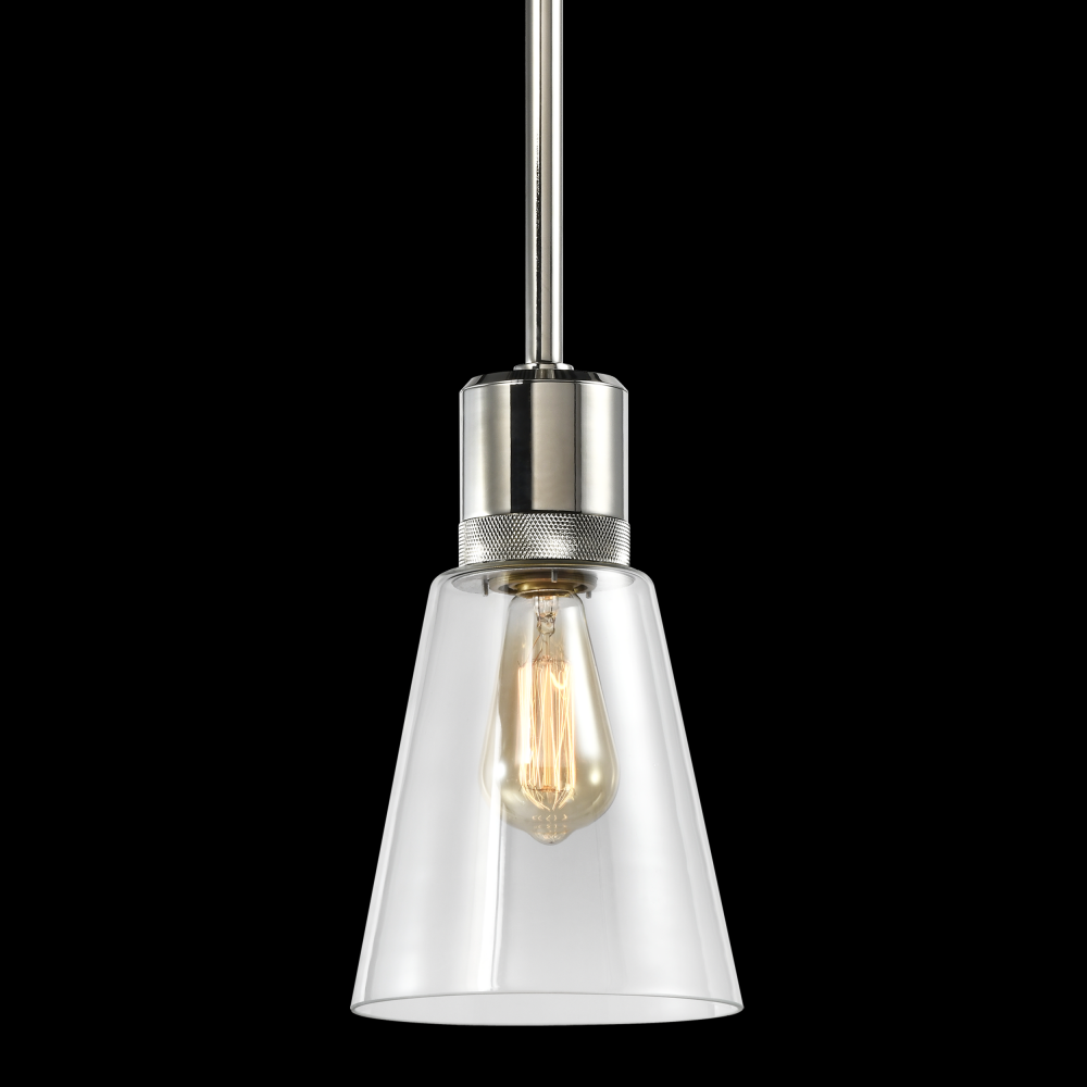 7&#34; E26 Clear Bell Glass Pendant Light, Polished Nickel Metal Finish
