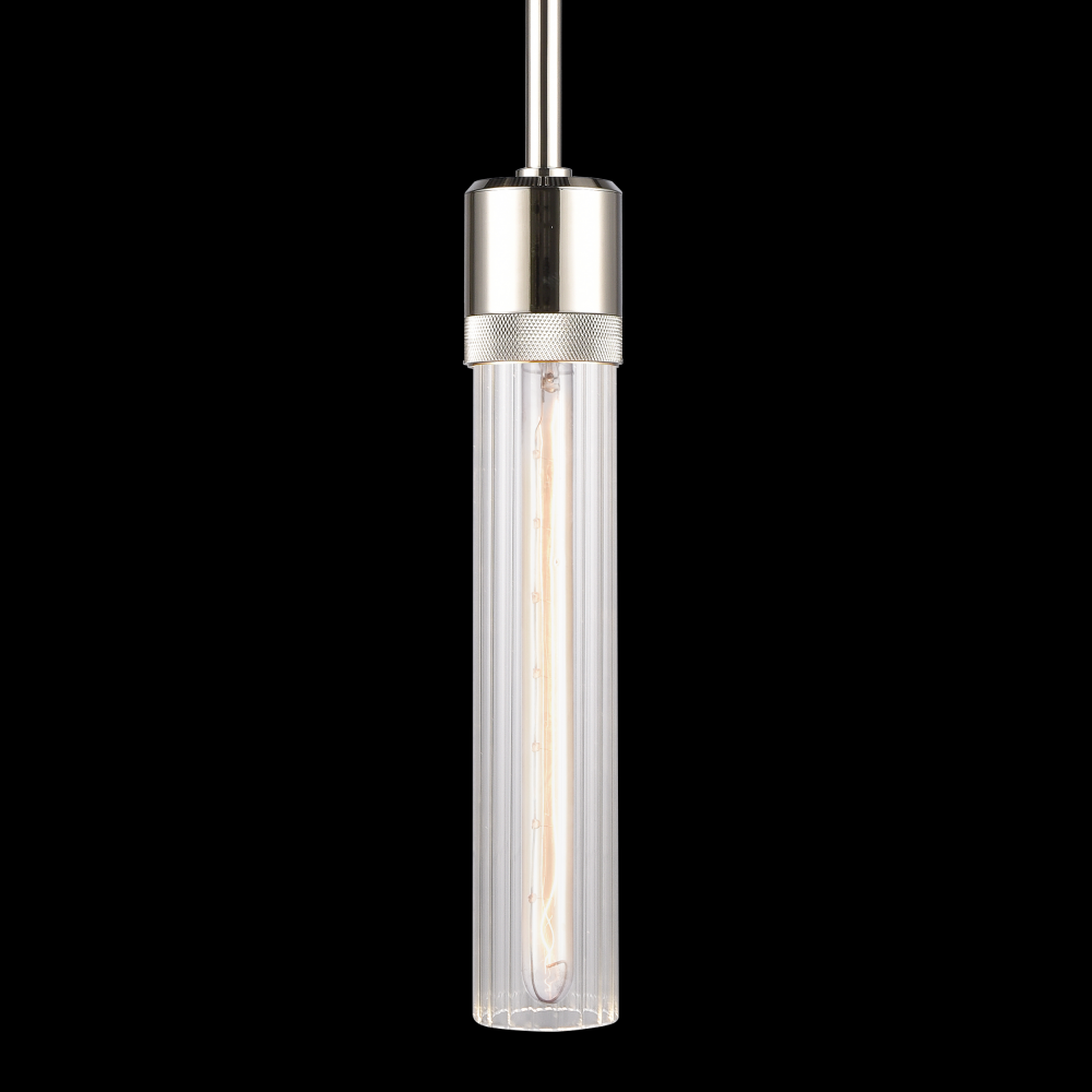 3&#34; E26 Cylindrical Pendant Light, 12&#34; Fluted Glass and Polished Nickel Finish