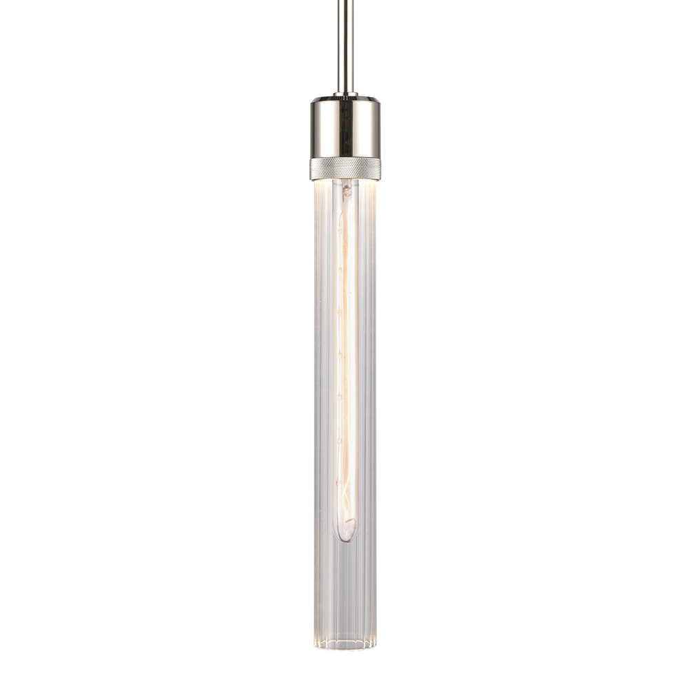 3&#34; E26 Cylindrical Pendant Light, 18&#34; Fluted Glass and Polished Nickel Finish