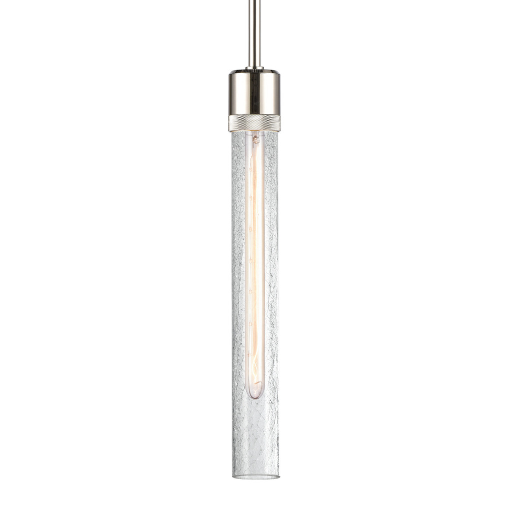 3&#34; E26 Cylindrical Pendant Light, 18&#34; Crackled Glass and Polished Nickel Finish