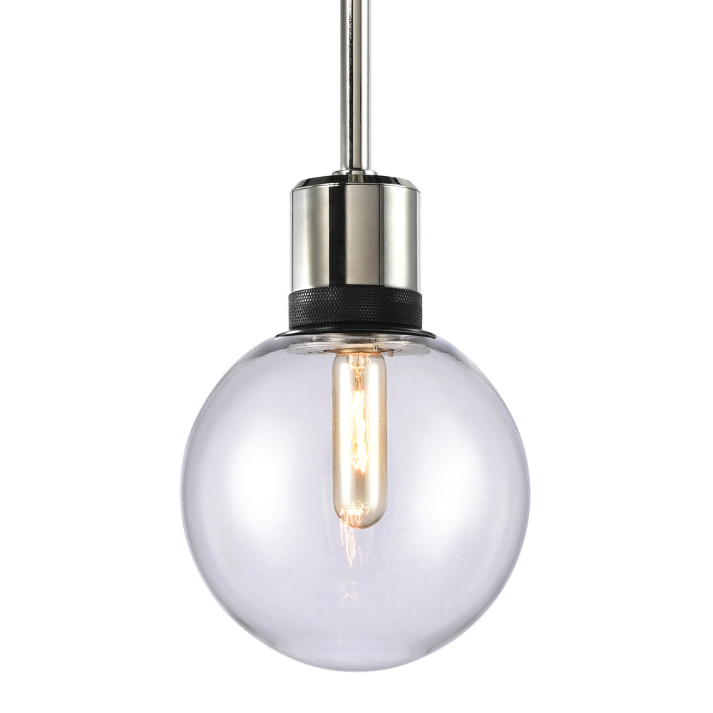 8&#34; E26 Clear Globe Glass Pendant Light and Polished Nickel with Black Metal Finish