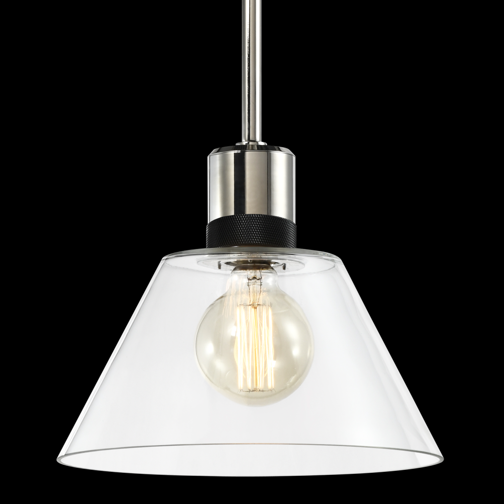 12&#34; E26 Clear Cone Glass Pendant Light and Polished Nickel with Black Metal Finish