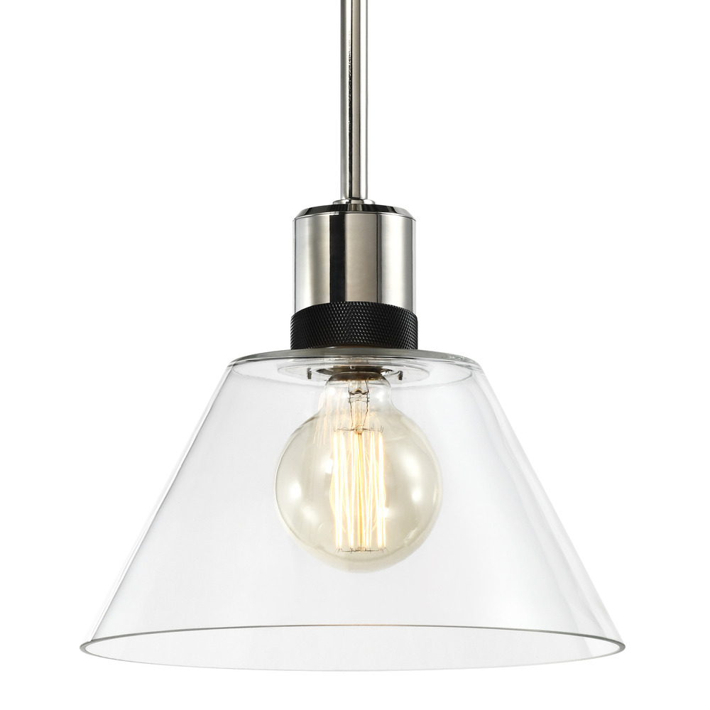 12&#34; E26 Clear Cone Glass Pendant Light and Polished Nickel with Black Metal Finish