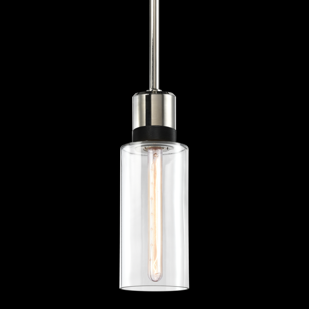 6&#34; E26 Cylindrical Drum Pendant Light, 12&#34; Clear Glass and Polished Nickel with Black Metal