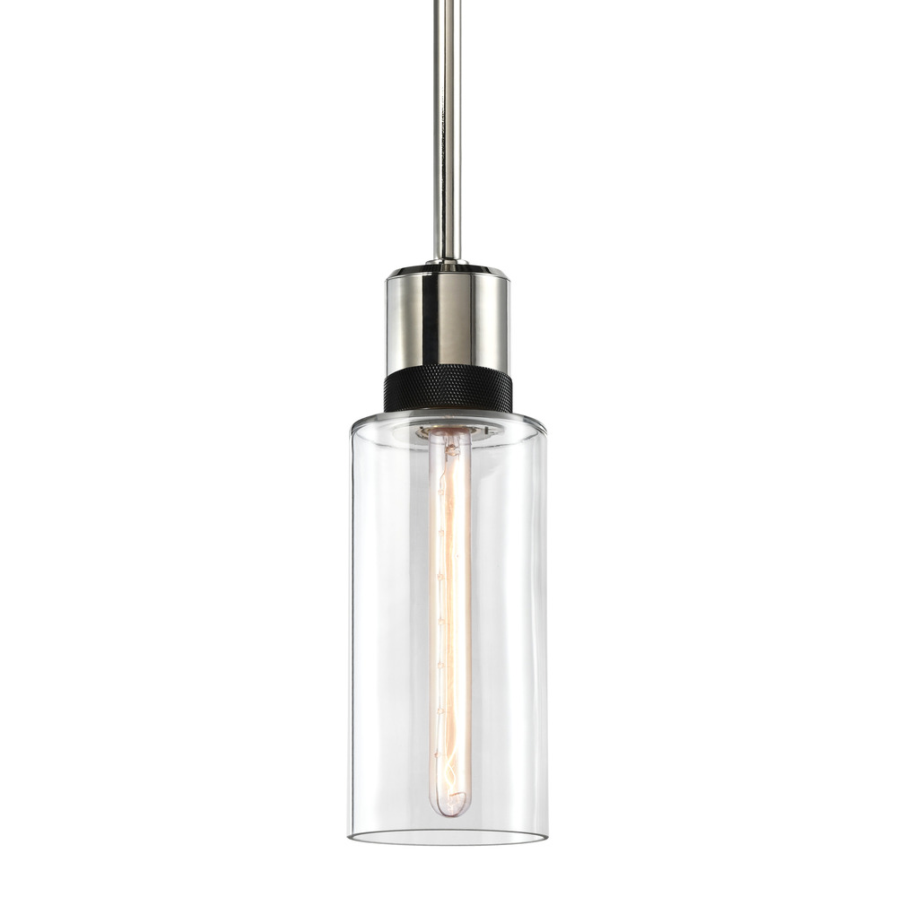 6&#34; E26 Cylindrical Drum Pendant Light, 12&#34; Clear Glass and Polished Nickel with Black Metal