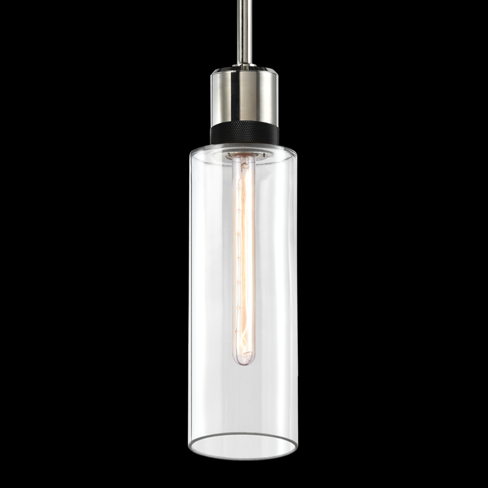 6&#34; E26 Cylindrical Drum Pendant Light, 18&#34; Clear Glass and Polished Nickel with Black Metal