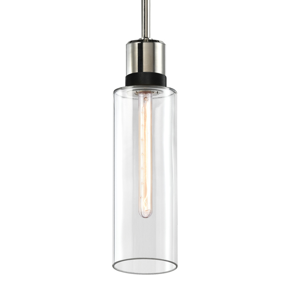 6&#34; E26 Cylindrical Drum Pendant Light, 18&#34; Clear Glass and Polished Nickel with Black Metal