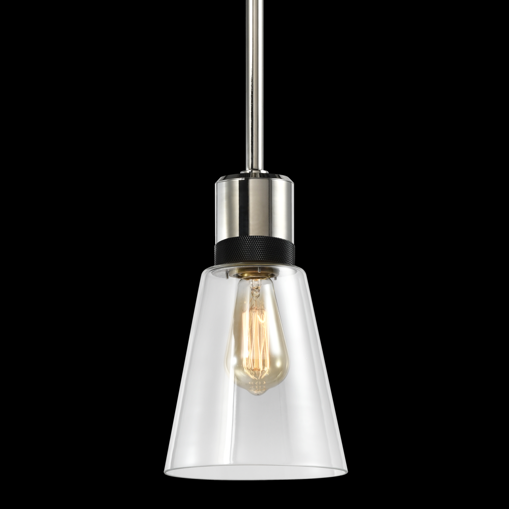 7&#34; E26 Clear Bell Glass Pendant Light, Polished Nickel with Black Metal Finish