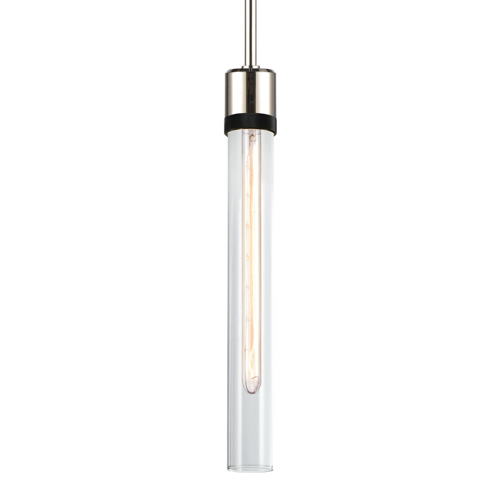 3&#34; E26 Cylindrical Pendant Light, 18&#34; Clear Glass and Polished Nickel with Black Finish