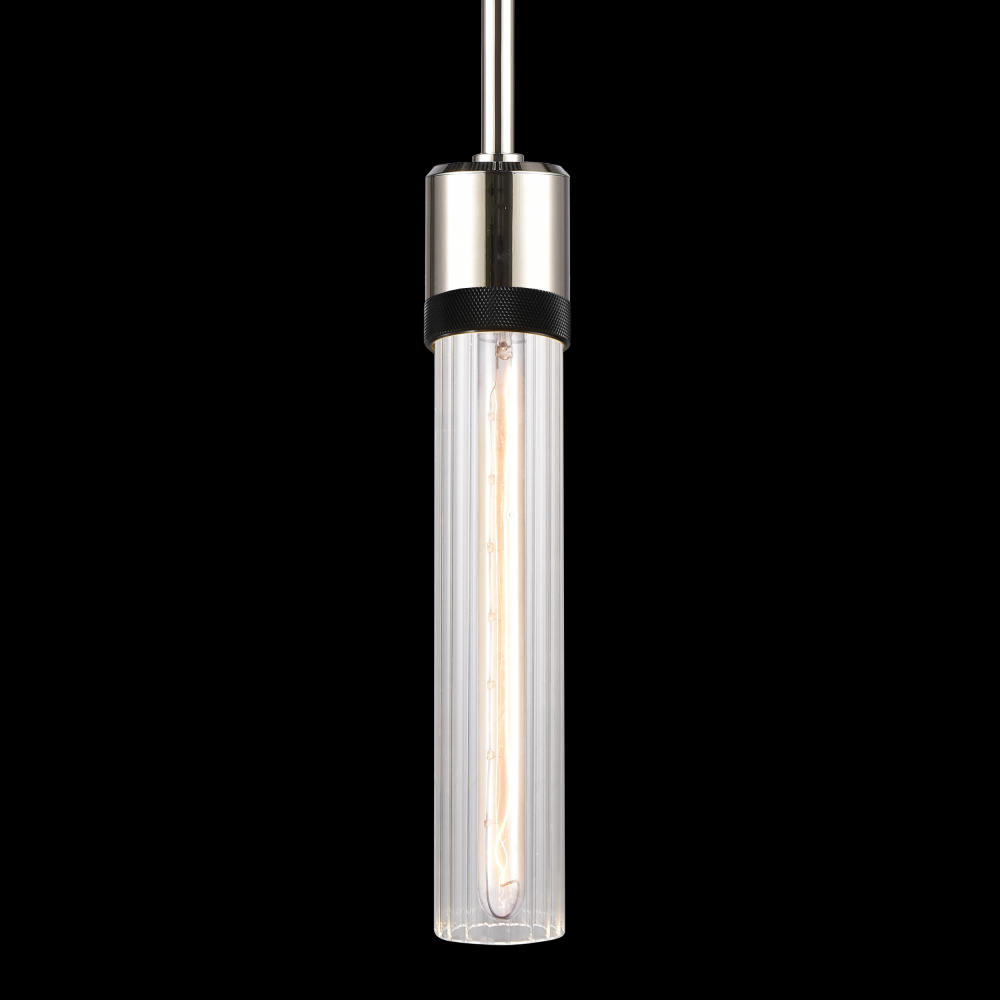 3&#34; E26 Cylindrical Pendant Light, 12&#34; Fluted Glass and Polished Nickel with Black Finish