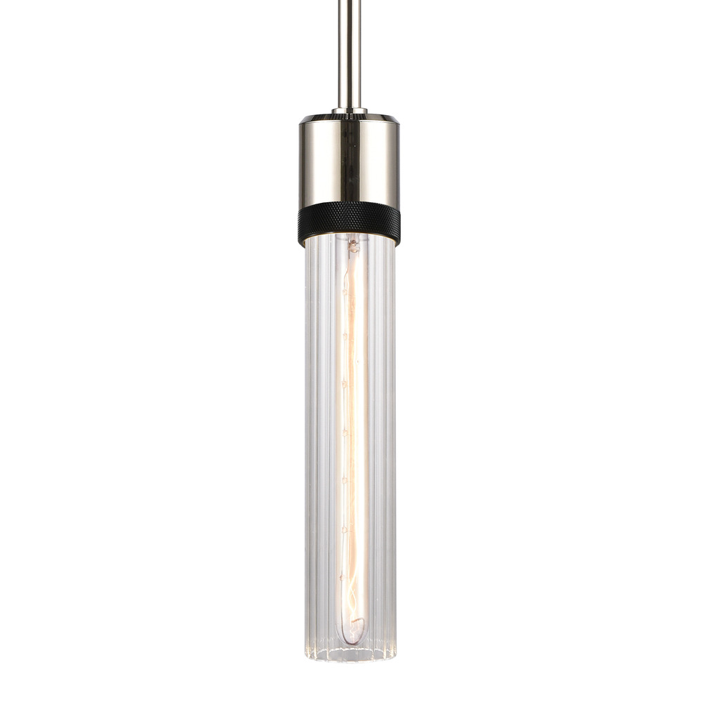 3&#34; E26 Cylindrical Pendant Light, 12&#34; Fluted Glass and Polished Nickel with Black Finish