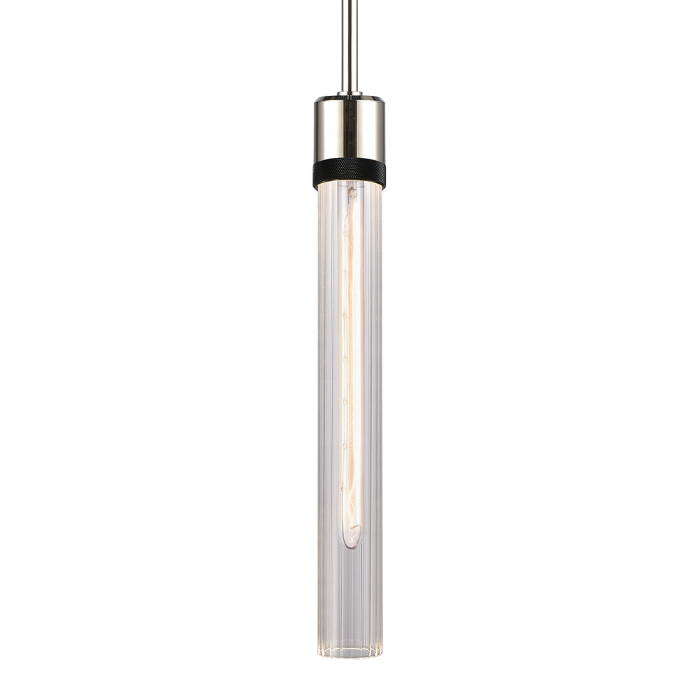 3&#34; E26 Cylindrical Pendant Light, 18&#34; Fluted Glass and Polished Nickel with Black Finish