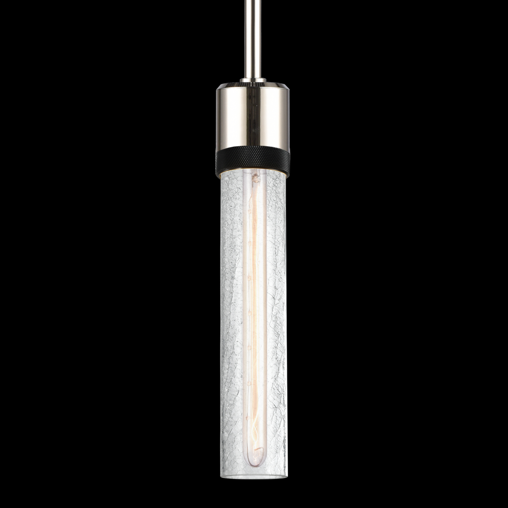 3&#34; E26 Cylindrical Pendant Light, 12&#34; Crackled Glass and Polished Nickel with Black Finish