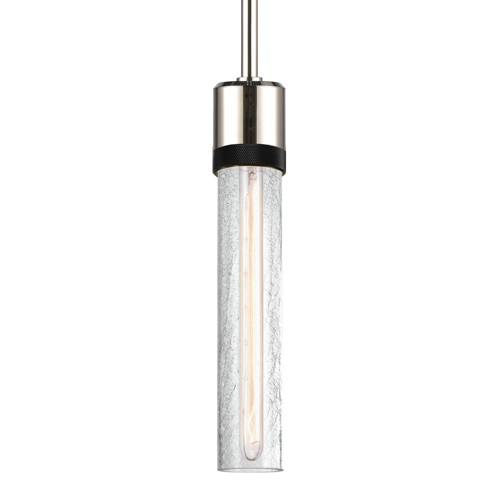 3&#34; E26 Cylindrical Pendant Light, 12&#34; Crackled Glass and Polished Nickel with Black Finish