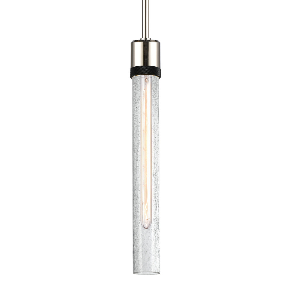 3&#34; E26 Cylindrical Pendant Light, 18&#34; Crackled Glass and Polished Nickel with Black Finish