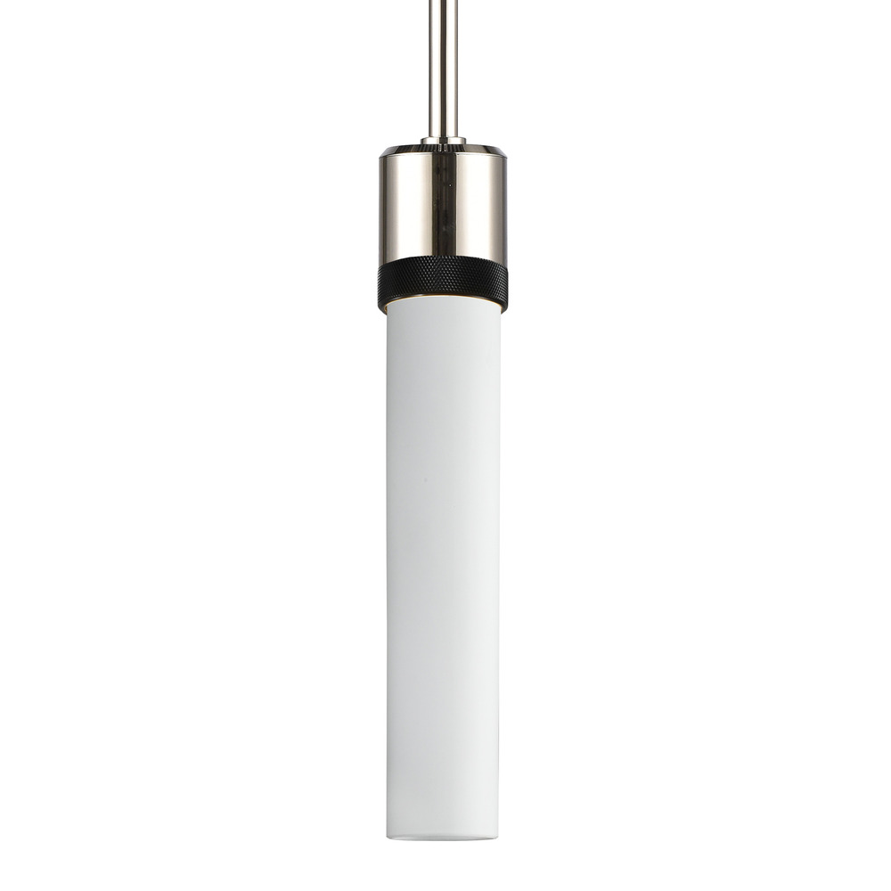 3&#34; E26 Cylindrical Pendant Light, 12&#34; Frosted Glass and Polished Nickel with Black Finish