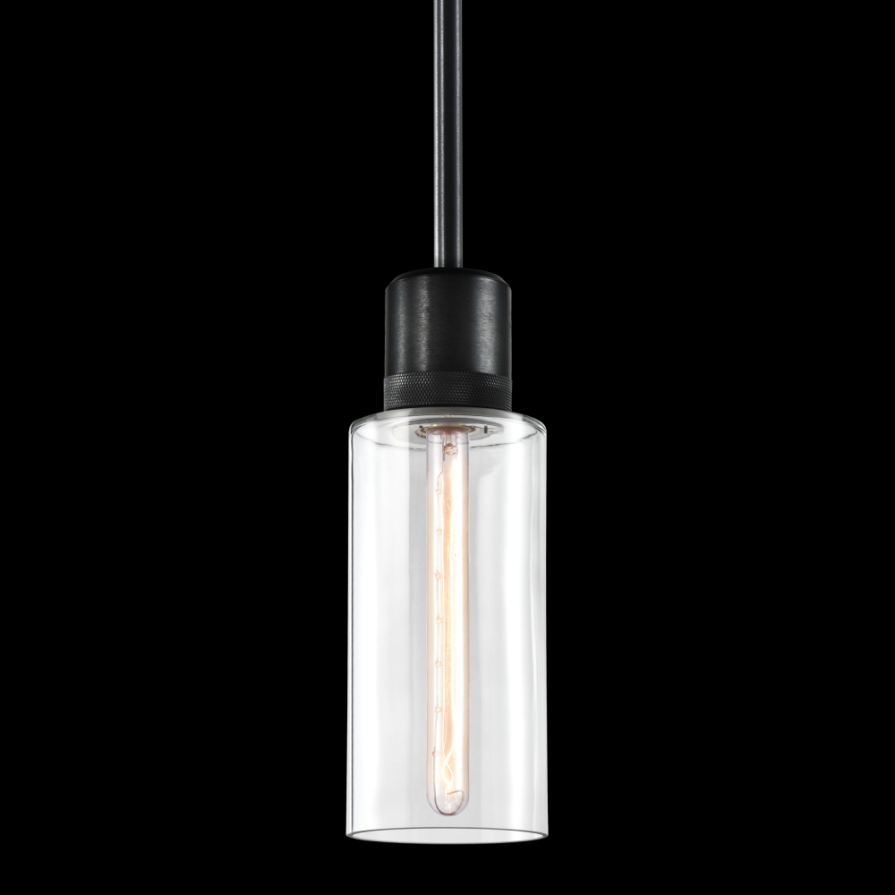 6&#34; E26 Cylindrical Drum Pendant Light, 12&#34; Clear Glass and Satin Brushed Black Metal Finish