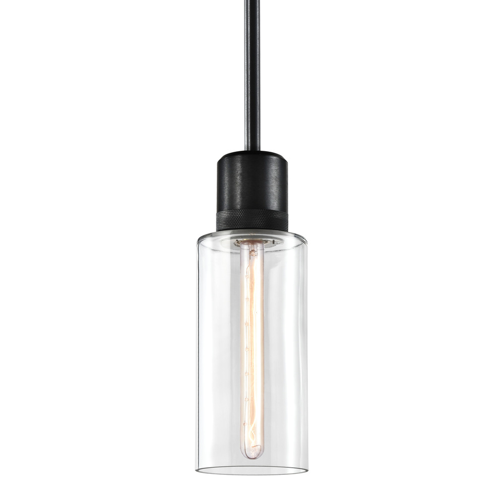 6&#34; E26 Cylindrical Drum Pendant Light, 12&#34; Clear Glass and Satin Brushed Black Metal Finish