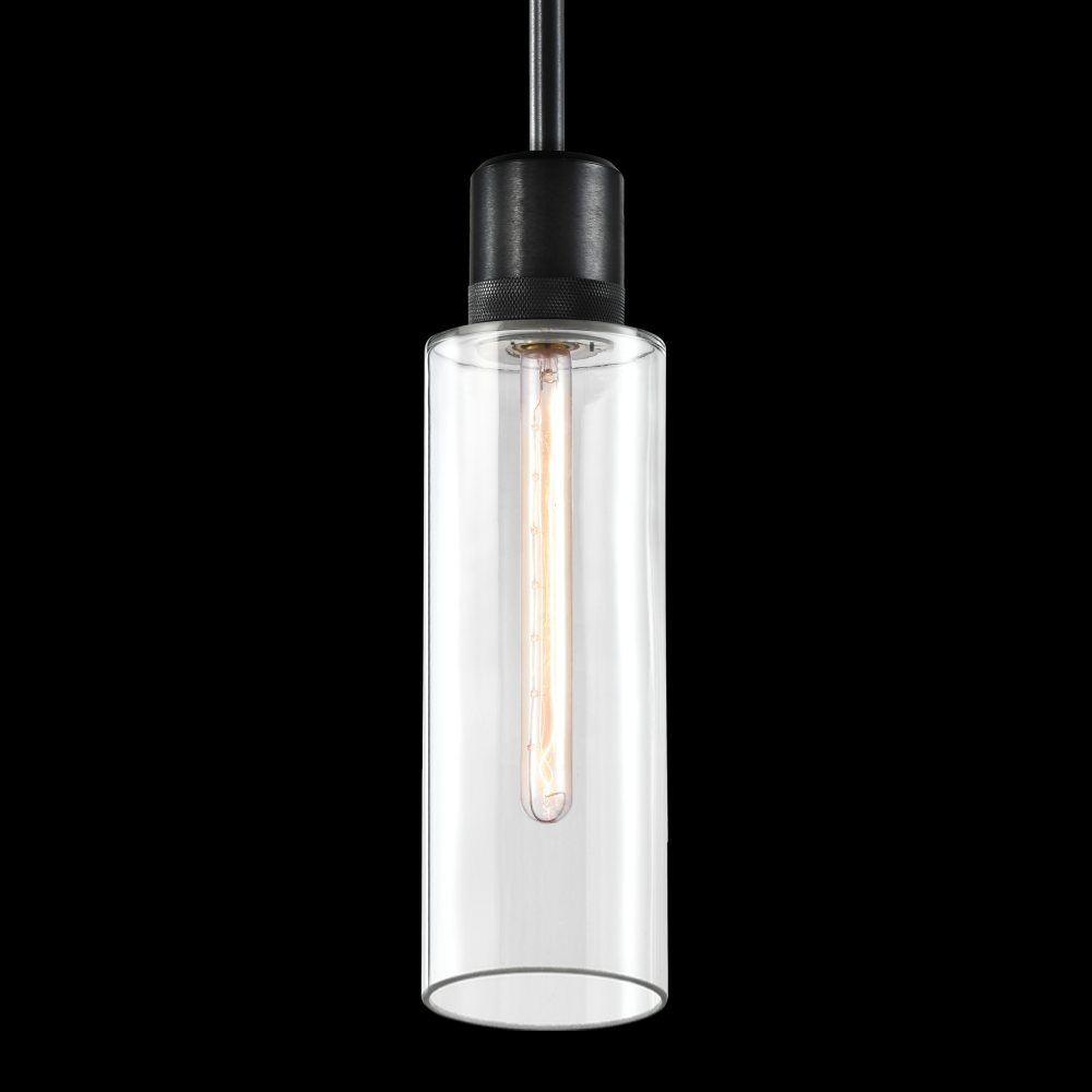 6&#34; E26 Cylindrical Drum Pendant Light, 18&#34; Clear Glass and Satin Brushed Black Metal Finish