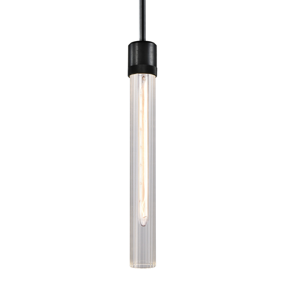 3&#34; E26 Cylindrical Pendant Light, 18&#34; Fluted Glass and Satin Brushed Black Finish