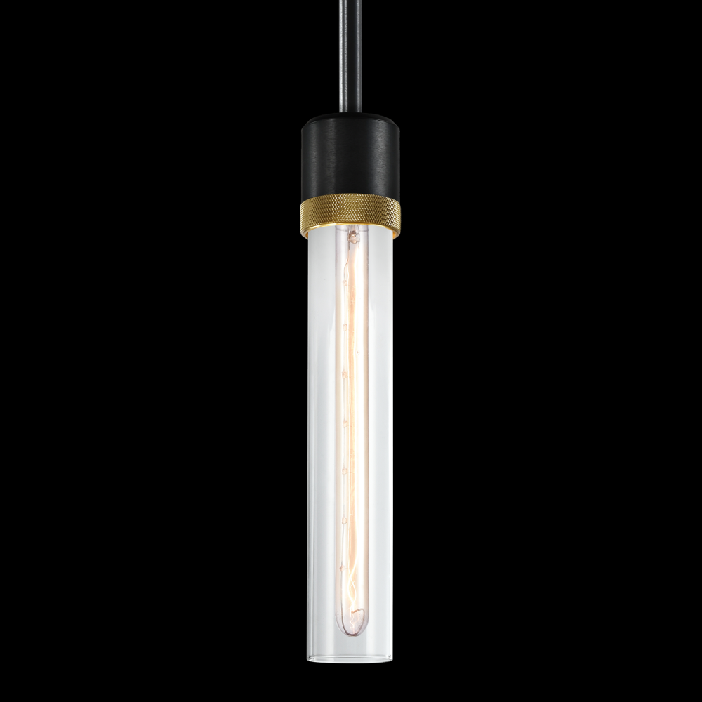 3&#34; E26 Cylindrical Pendant Light, 12&#34; Clear Glass and Satin Brushed Black with Brass Finish