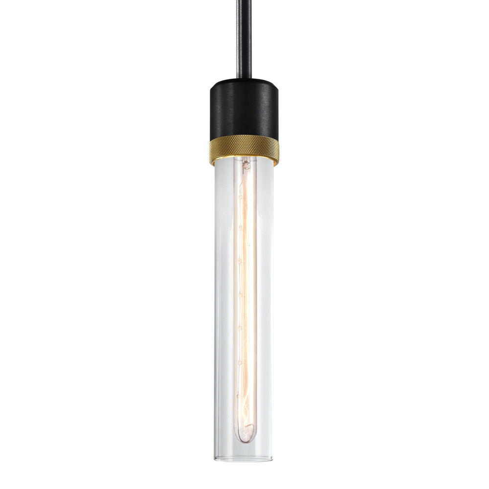 3&#34; E26 Cylindrical Pendant Light, 12&#34; Clear Glass and Satin Brushed Black with Brass Finish