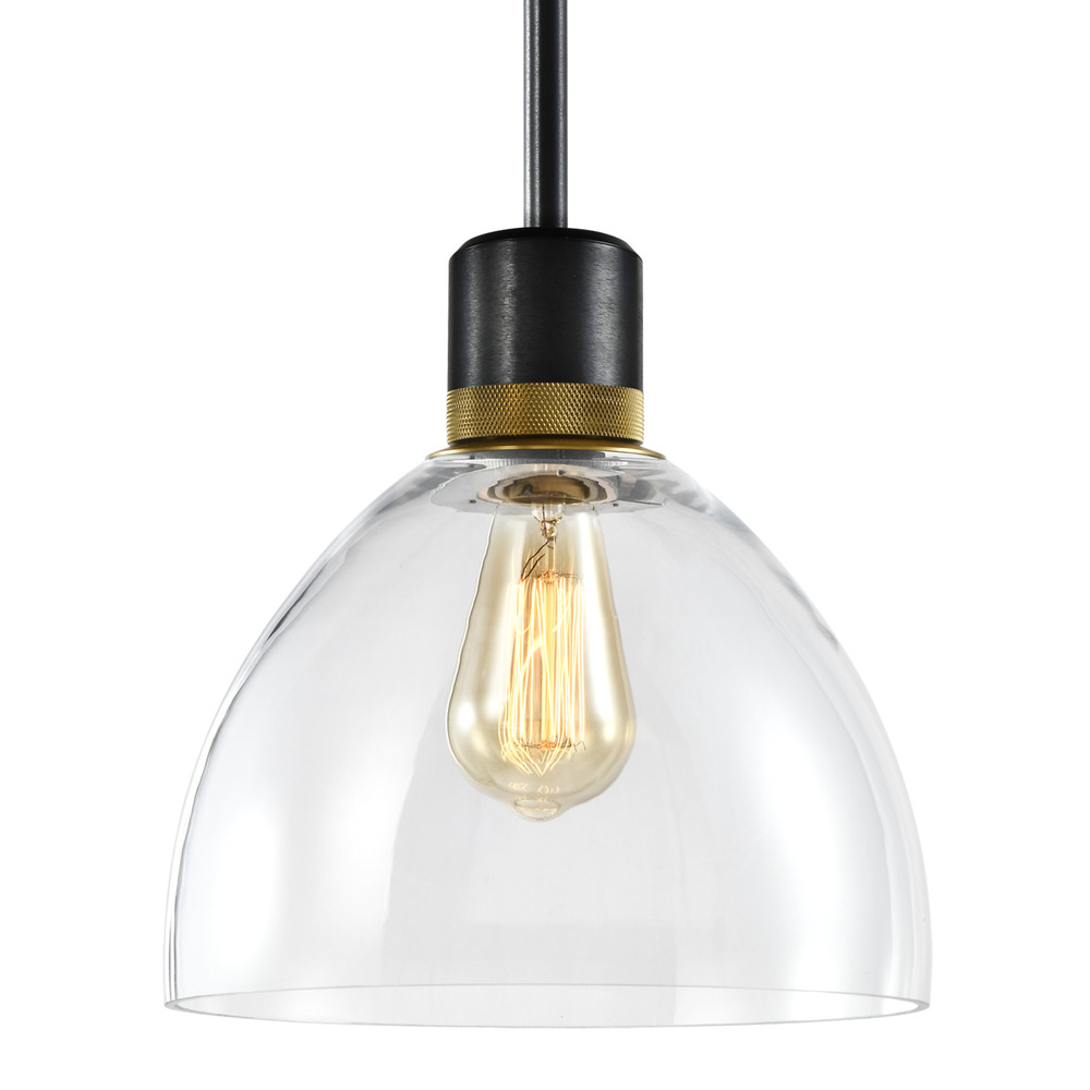 10&#34; E26 Clear Dome Glass Pendant Light and Satin Brushed Black with Brass Metal Finish