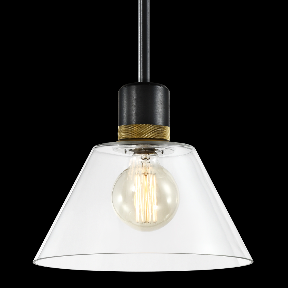 12&#34; E26 Clear Cone Glass Pendant Light and Satin Brushed Black with Brass Metal Finish