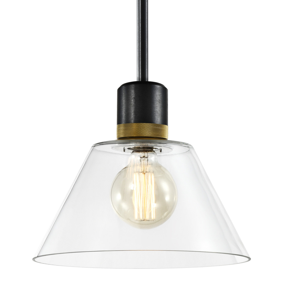 12&#34; E26 Clear Cone Glass Pendant Light and Satin Brushed Black with Brass Metal Finish