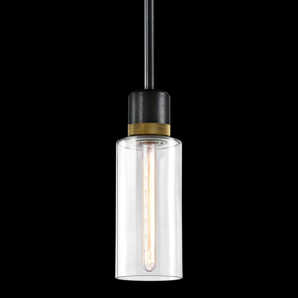 6&#34; E26 Cylindrical Drum Pendant Light, 12&#34; Clear Glass and Satin Brushed Black with Brass Me