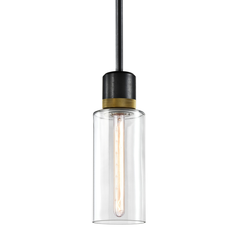 6&#34; E26 Cylindrical Drum Pendant Light, 12&#34; Clear Glass and Satin Brushed Black with Brass Me