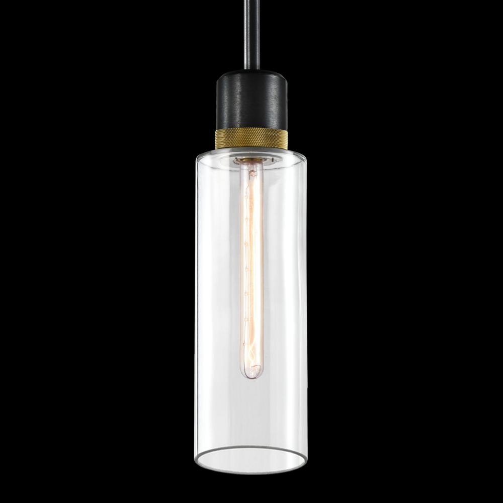 6&#34; E26 Cylindrical Drum Pendant Light, 18&#34; Clear Glass and Satin Brushed Black with Brass Me