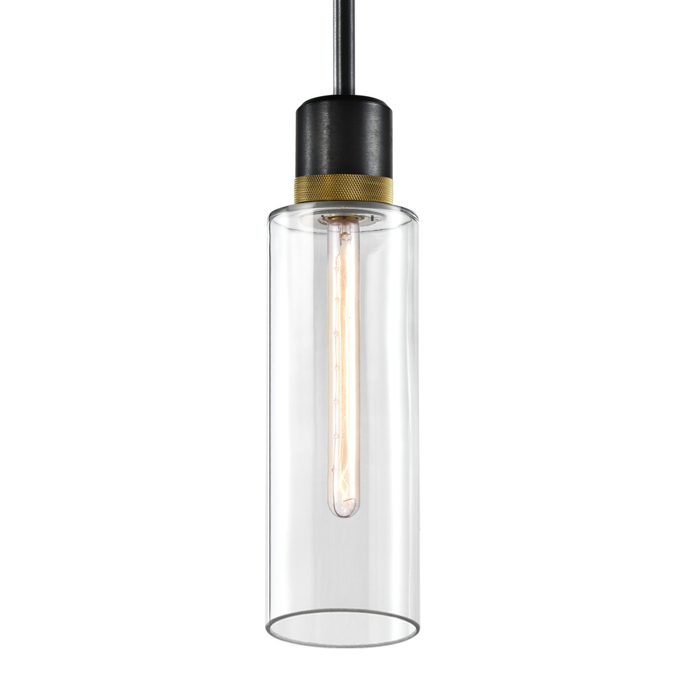 6&#34; E26 Cylindrical Drum Pendant Light, 18&#34; Clear Glass and Satin Brushed Black with Brass Me