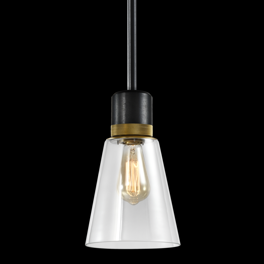 7&#34; E26 Clear Bell Glass Pendant Light, Satin Brushed Black with Brass Metal Finish