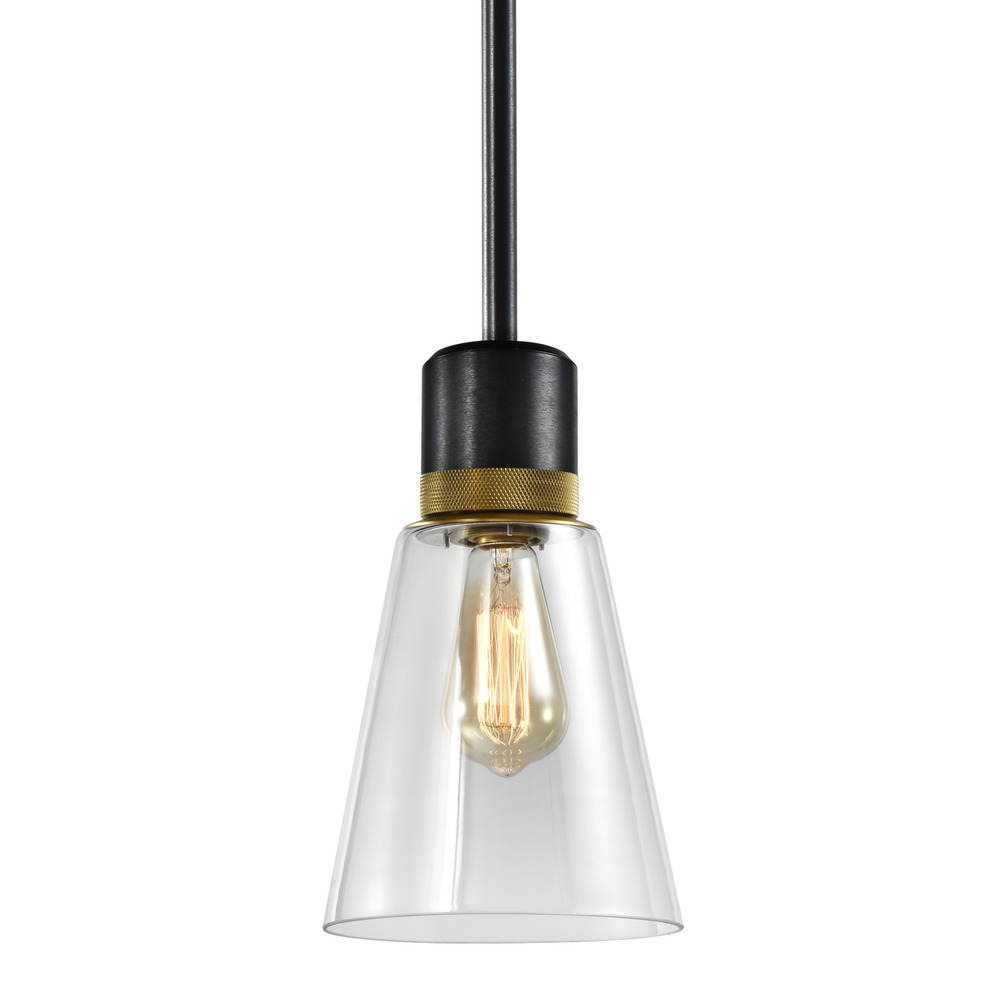 7&#34; E26 Clear Bell Glass Pendant Light, Satin Brushed Black with Brass Metal Finish