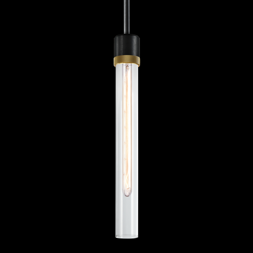 3&#34; E26 Cylindrical Pendant Light, 18&#34; Clear Glass and Satin Brushed Black with Brass Finish