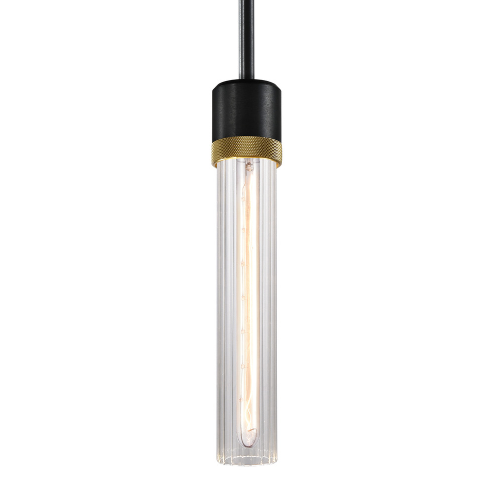 3&#34; E26 Cylindrical Pendant Light, 12&#34; Fluted Glass and Satin Brushed Black with Brass Finish