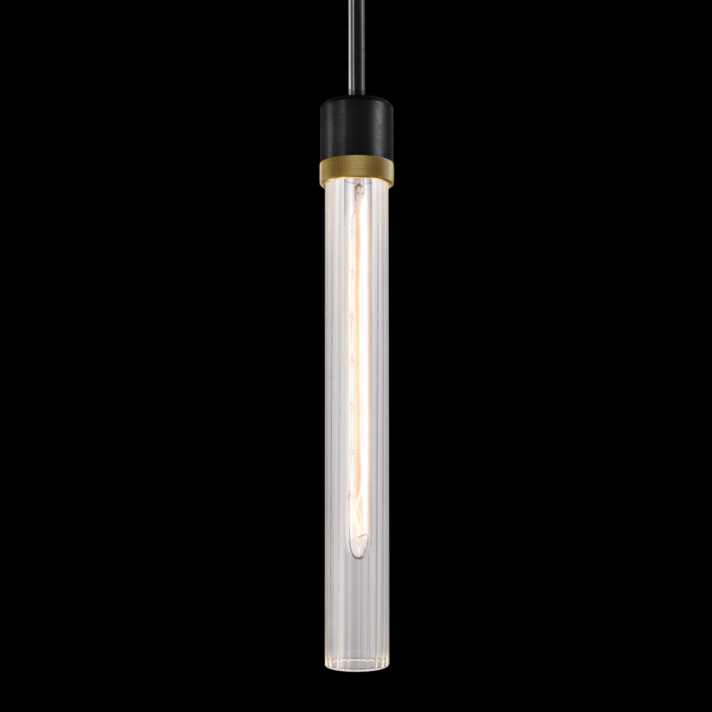 3&#34; E26 Cylindrical Pendant Light, 18&#34; Fluted Glass and Satin Brushed Black with Brass Finish